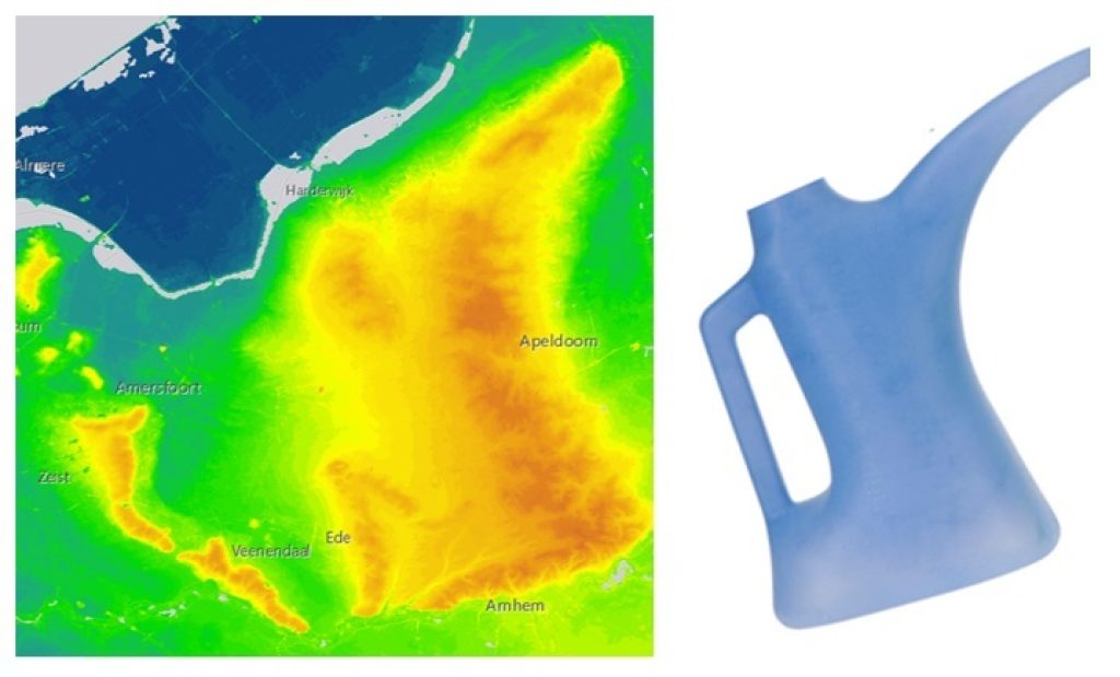 Het hoger gelegen oranje-gele gebied tussen Ede, Arnhem en Apeldoorn geeft de ligging van de Veluwe aan en heeft de vorm van een gieter (bron: Deltares)