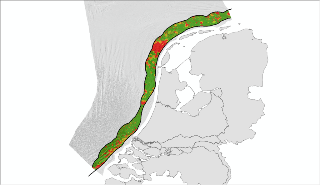 Winbaar zand op basis van DIS 2.1 (groen is veel winbaar zand, rood weinig)