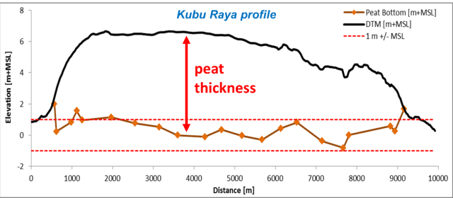 Figure 1. Cross section of peat surface elevation and peat bottom, relative to Mean Sea Level, for the Kubu Raya test area.