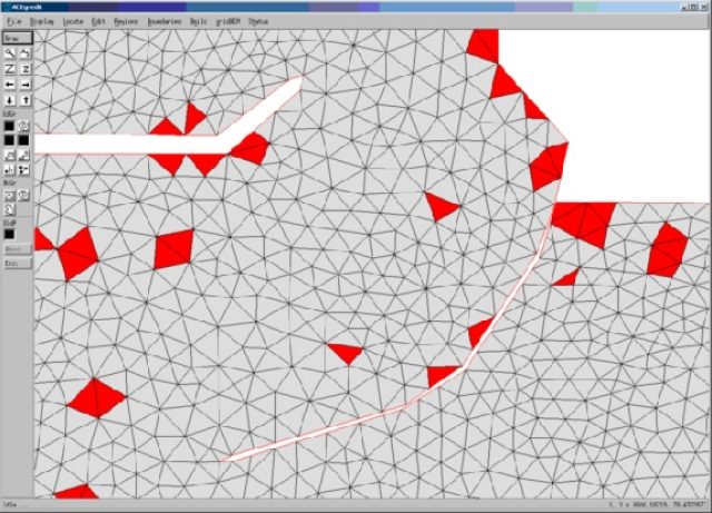 Detail of a PHAROS computational grid. In red the computational elements that are too large for the local wave length and require modification.