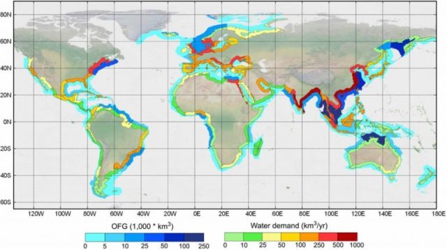 Geschatte hoeveelheden zoet water onder de zeebodem