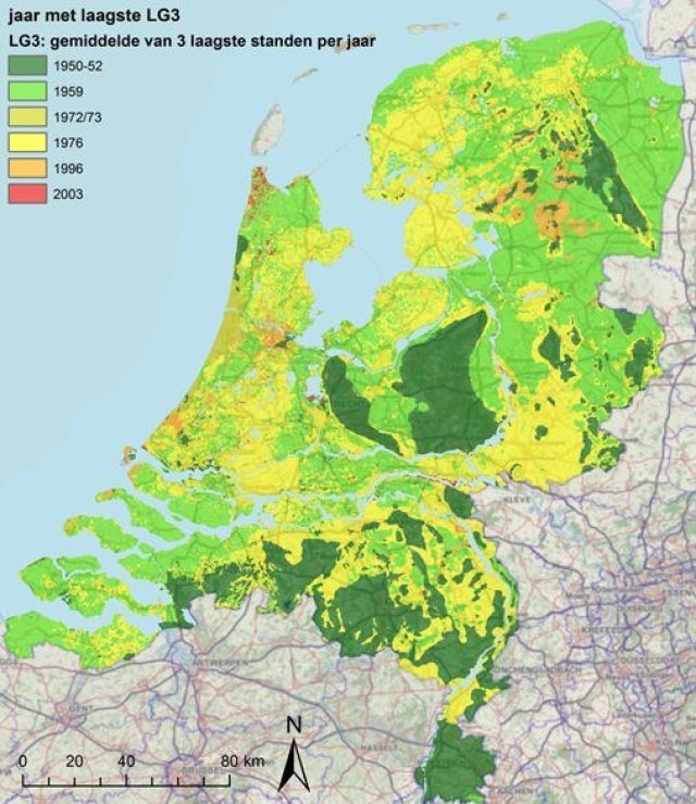 Laagste grondwaterstanden LG3 in NL vanaf 1950