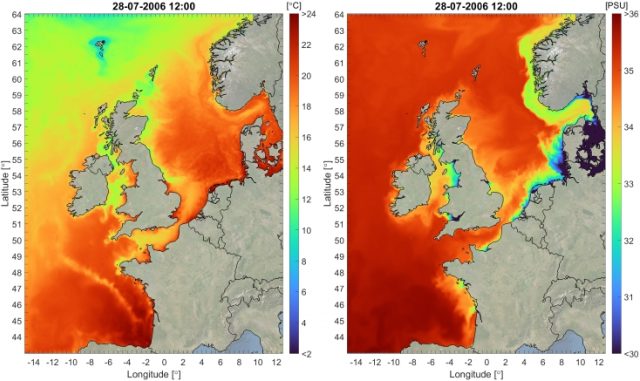 Door het 3D DCSM-FM berekende oppervlaktetemperatuur en -saliniteit